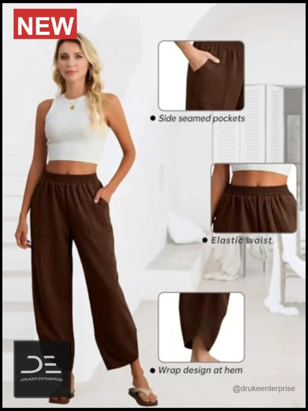 Wide Leg Palazzo Harem Pants Elastic Waisted Casual Trousers for Summer Beach - Picture 4 of 6